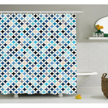 Tone Geometric Circles - Modern Decor Shower Curtain, Geometric Circles with Half Round Like Square Blue Tones Mix Image Backdrop , Fabric Bathroom Set with Hooks, 69W X 70L Inches, Multicolor, by Ambesonne
