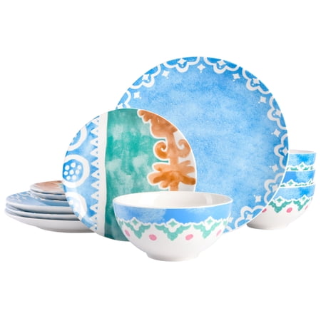 Spice by Tia Mowry Savory Saffron 12-Piece Blue Fine Ceramic Dinnerware Set