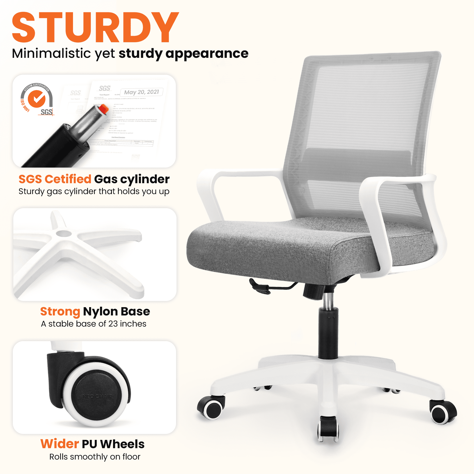 NEO CHAIR Office Chair Gaming Desk Computer Chair Ergonomic Mesh Mid Back with Wheels Lumbar Support Comfy Swivel Adjustable for Home (Grey)