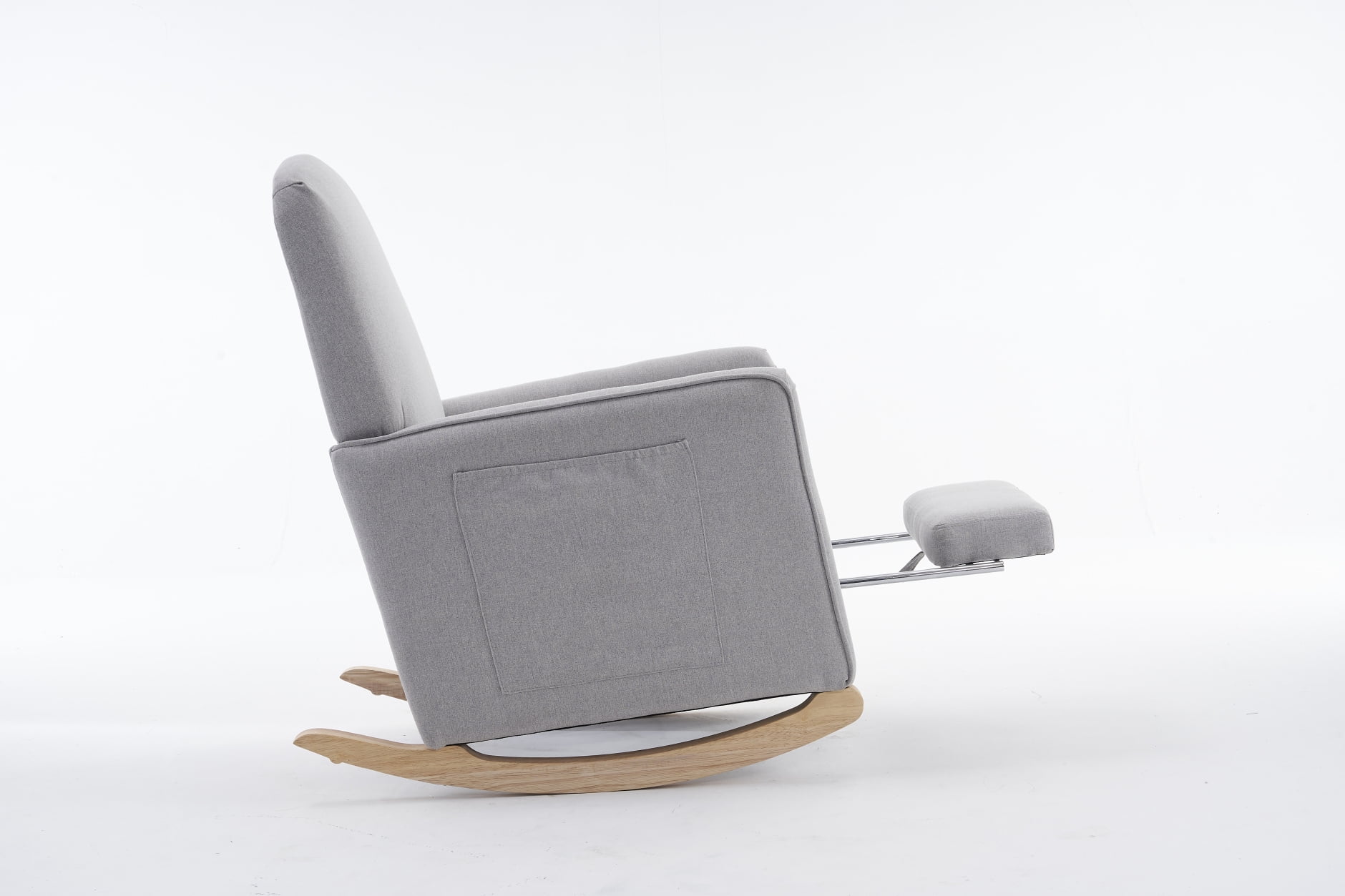Cotton Linen Fabric Nursery Rocking Chair With Adjustable Footrest, Upholstered Glider Armchair with Safe Solid Wood Base and Side Pocket for Living Room Bedroom (Light Gray)