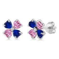Gem Stone King 925 Sterling Silver Blue Created Sapphire Pink Moissanite and White Lab Grown Diamond Earrings for Women | 3.03 Cttw | Gemstone September Birthstone | Heart Shape 4MM