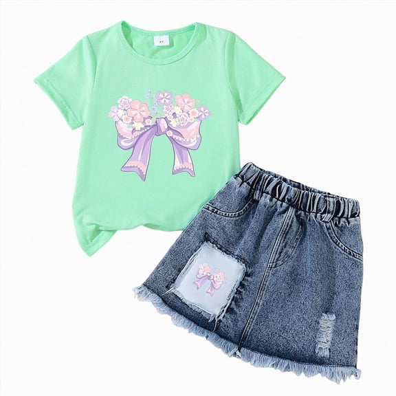 kmaduk Kid Girl Clothes Shorts Set 2 Piece Outfits Summer Casual Short Sleeve Top and Shorts Set for Girls 4-7 J,Size 6-7 Years