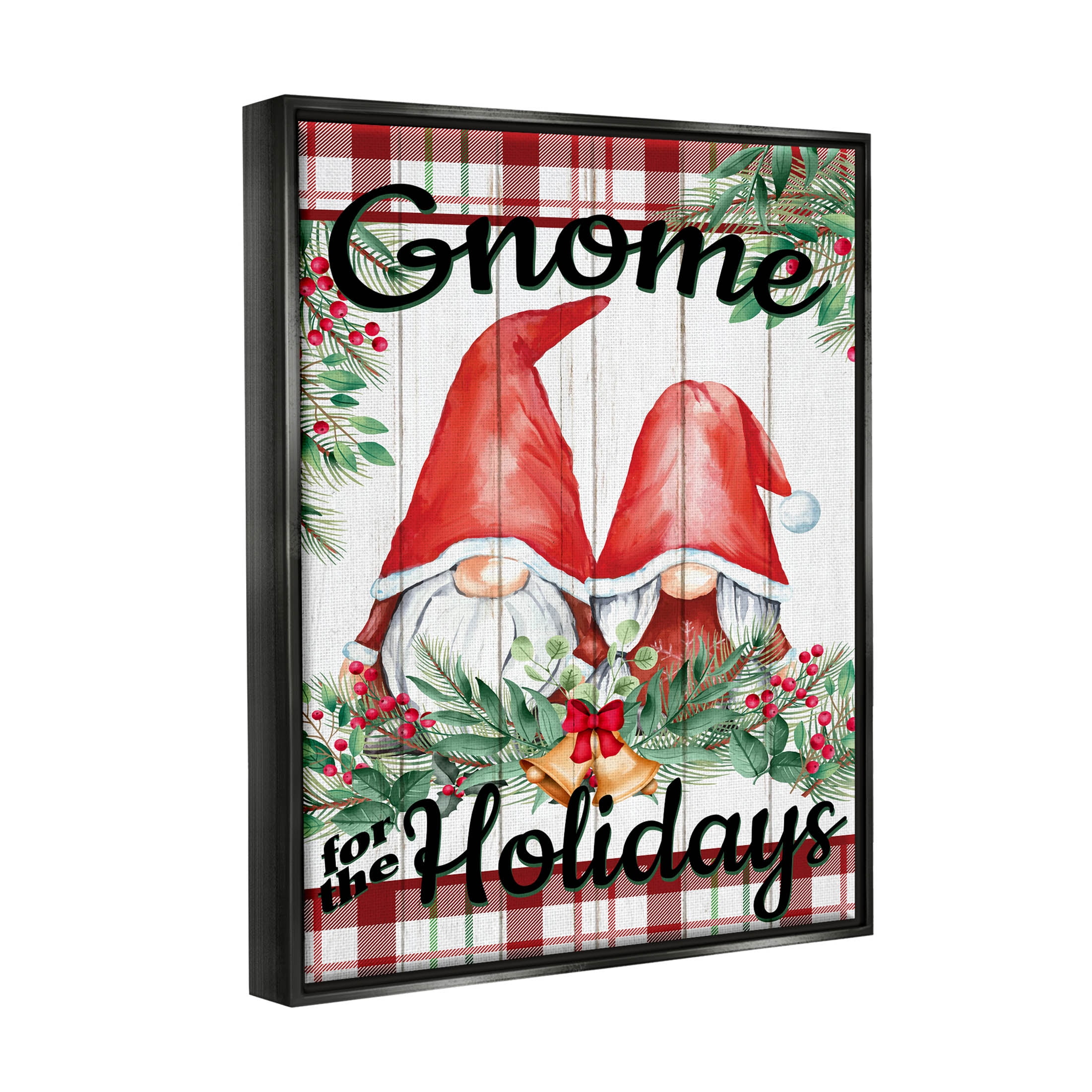 Stupell Industries Gnome For The Holidays Plaid Graphic Art Jet Black Floating Framed Canvas Print Wall Art, Design by Kim Allen