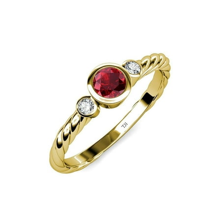 

Ruby and Diamond (SI2-I1 G-H) Three Stone Rope Ring 0.73 ct tw in 14K Yellow Gold.size 7.5