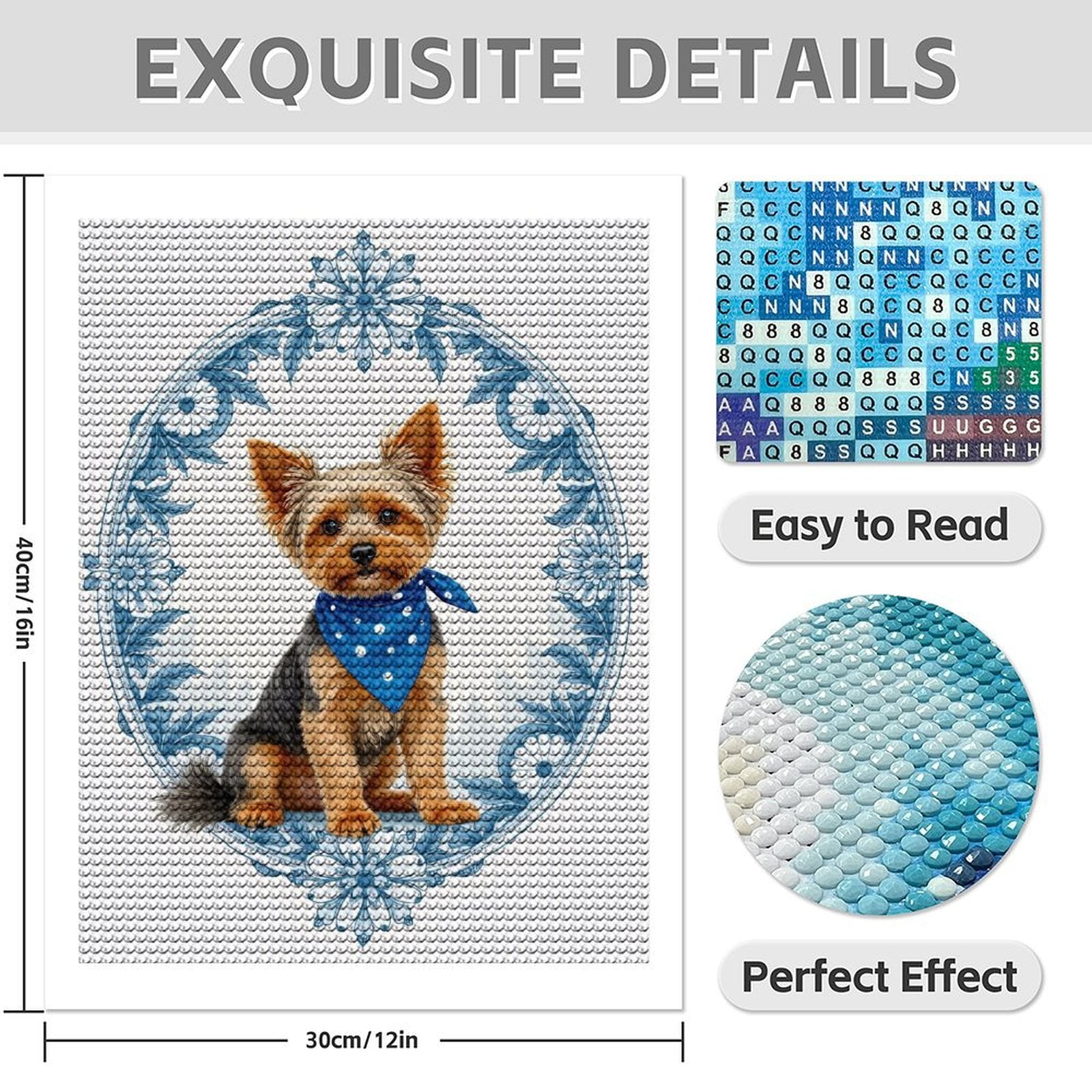 Diamond Art Kit for Adults, Small Dog Blue Bandana Floral Frame Diamond Painting for Adults Beginners, DIY Diamond Art Painting Kits, 5D Diamond Painting Crafts for Home Decor 12x16 Frameless