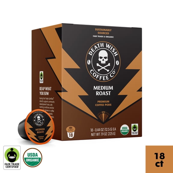 Death Wish Coffee Co., Organic and Fair Trade™, Single Serve Coffee Pods, Medium Roast, 18 Count