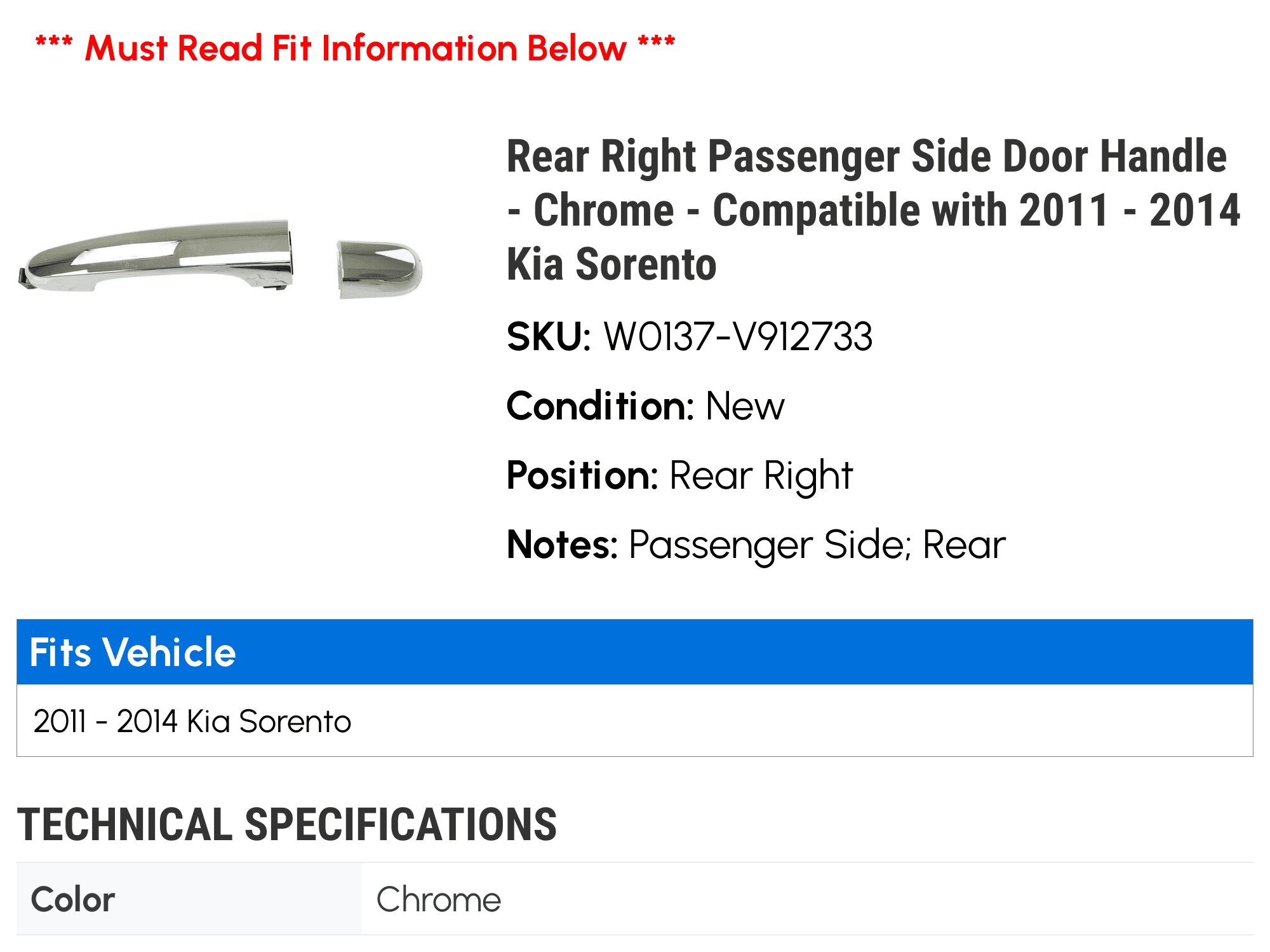 ROADFAR Door Handle Exterior Outside Rear Right Side Compatible for 2011-2014 Kia Sorento 