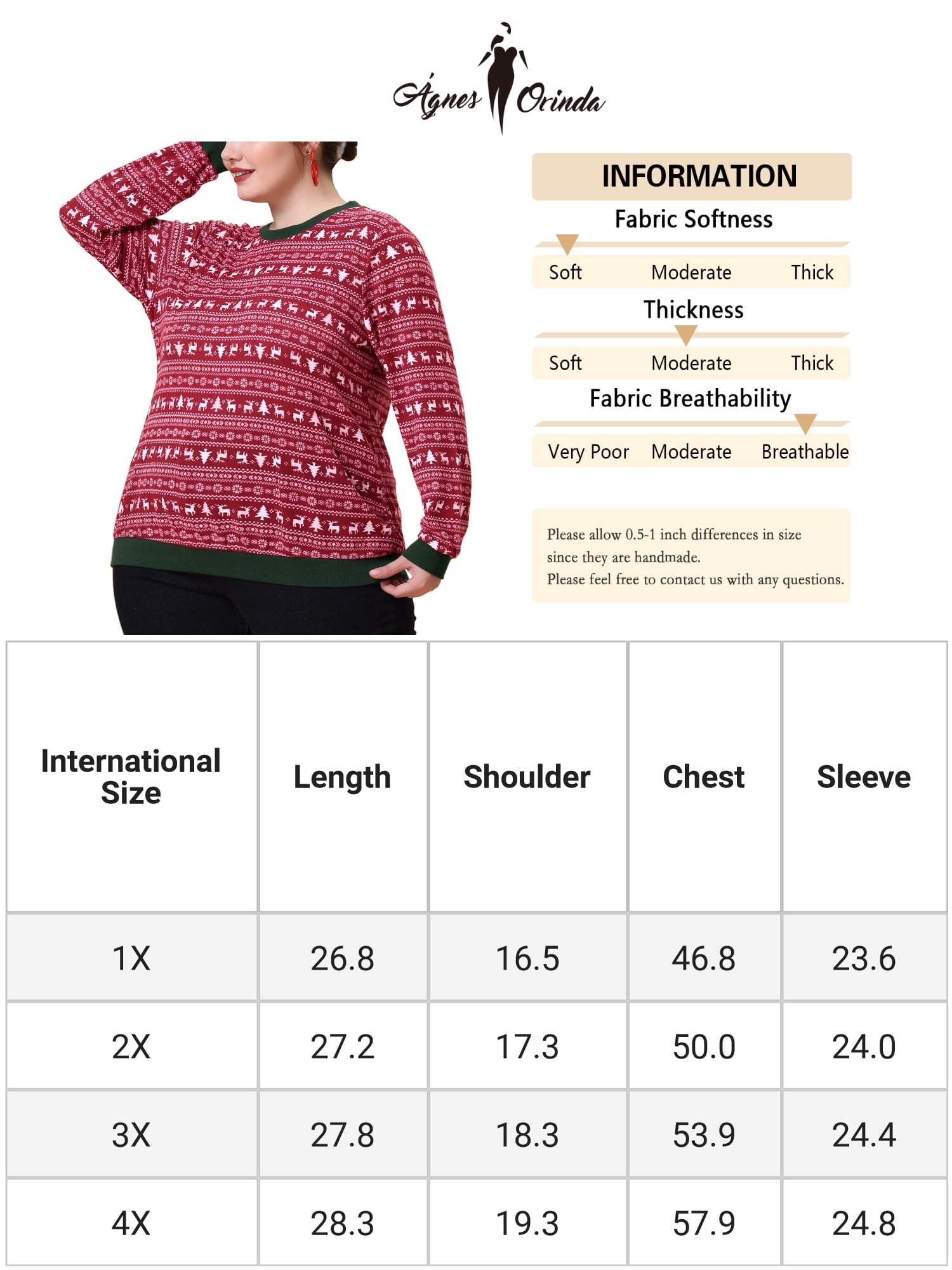 Unique Bargains Women's Plus Size Knit Top Round Neck Long Sleeve Female Xmas Blouses Red 2X