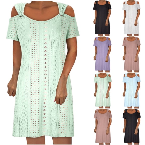 Antinious Summer Beach Dresses for Women,Casual Dresses for Women Loose Solid Round Neck Lock Dress,Light Blue,L
