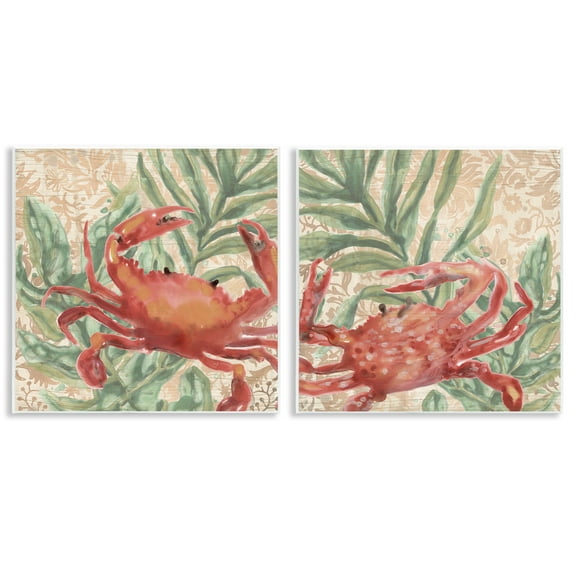 Stupell Industries Red Crab & Seaweed Animals Painting Unframed Art Print Wall Art, 12 x 12, Set of 2