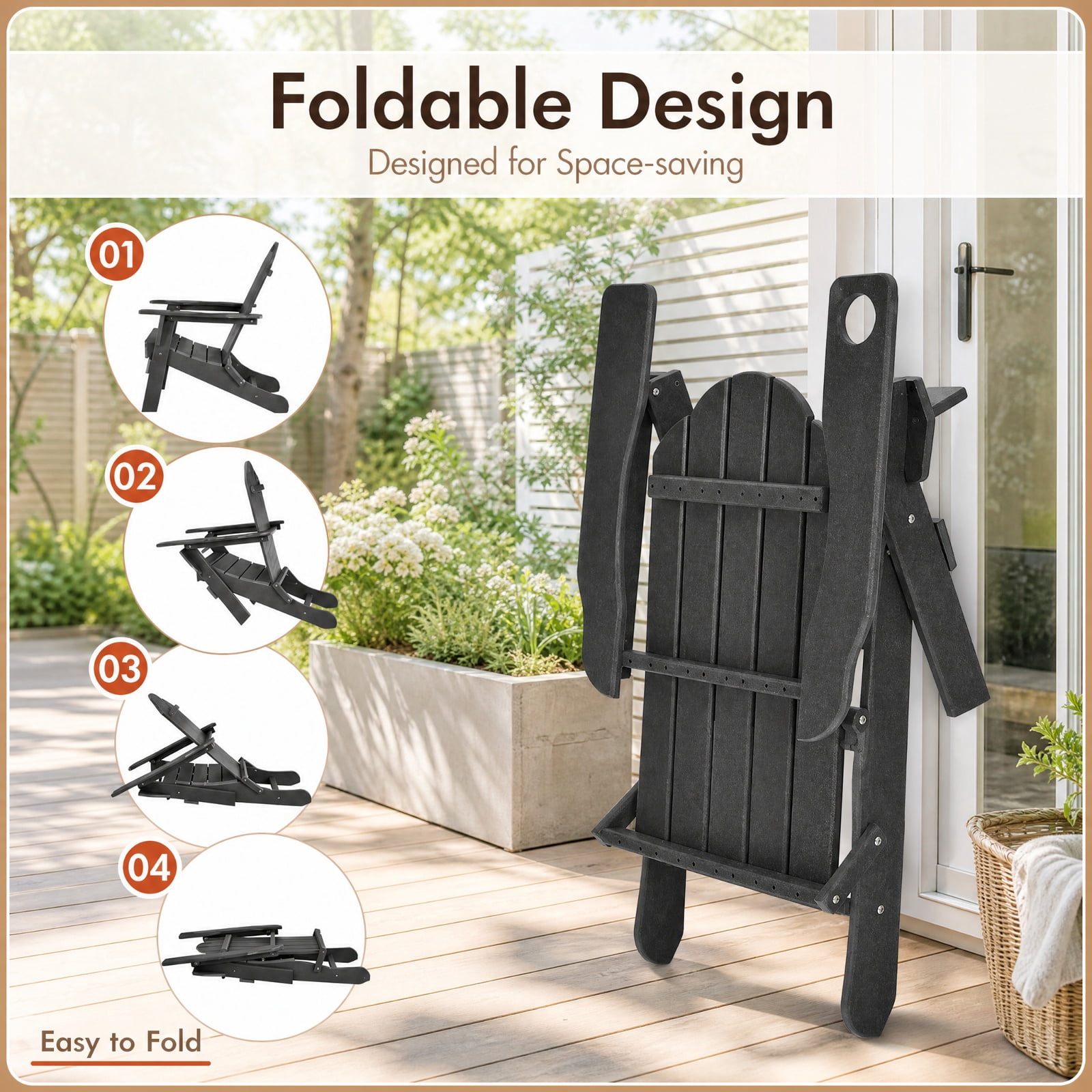 Furnibear Foldable Weather Resistant Adirondack Patio Chair with Built-In Cup Holder and Wide Armrests for Porch Backyard and Poolside, Black