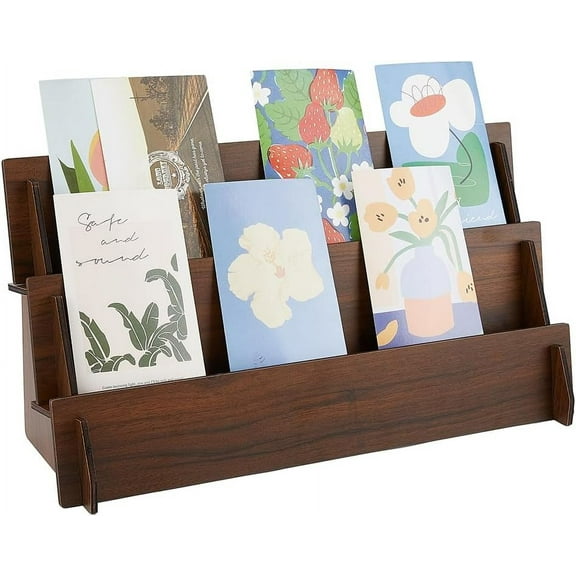 2-Tier Greeting Card Display Stand Wooden Sticker Display Stand Card Stands Jewelry Organizer Holder Brown Earring Display for Home Retail Counter Display 42x14.2x20.8cm diy