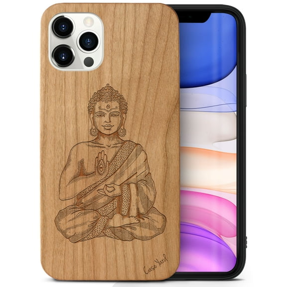 Case Yard Wooden Case Outside Soft TPU Silicone Slim Fit Shockproof Wood Phone Cover for Girls Boys Men and Women Supports Wireless Charging Hindu Bagdash Hand Design case for iPhone-12/12-Pro
