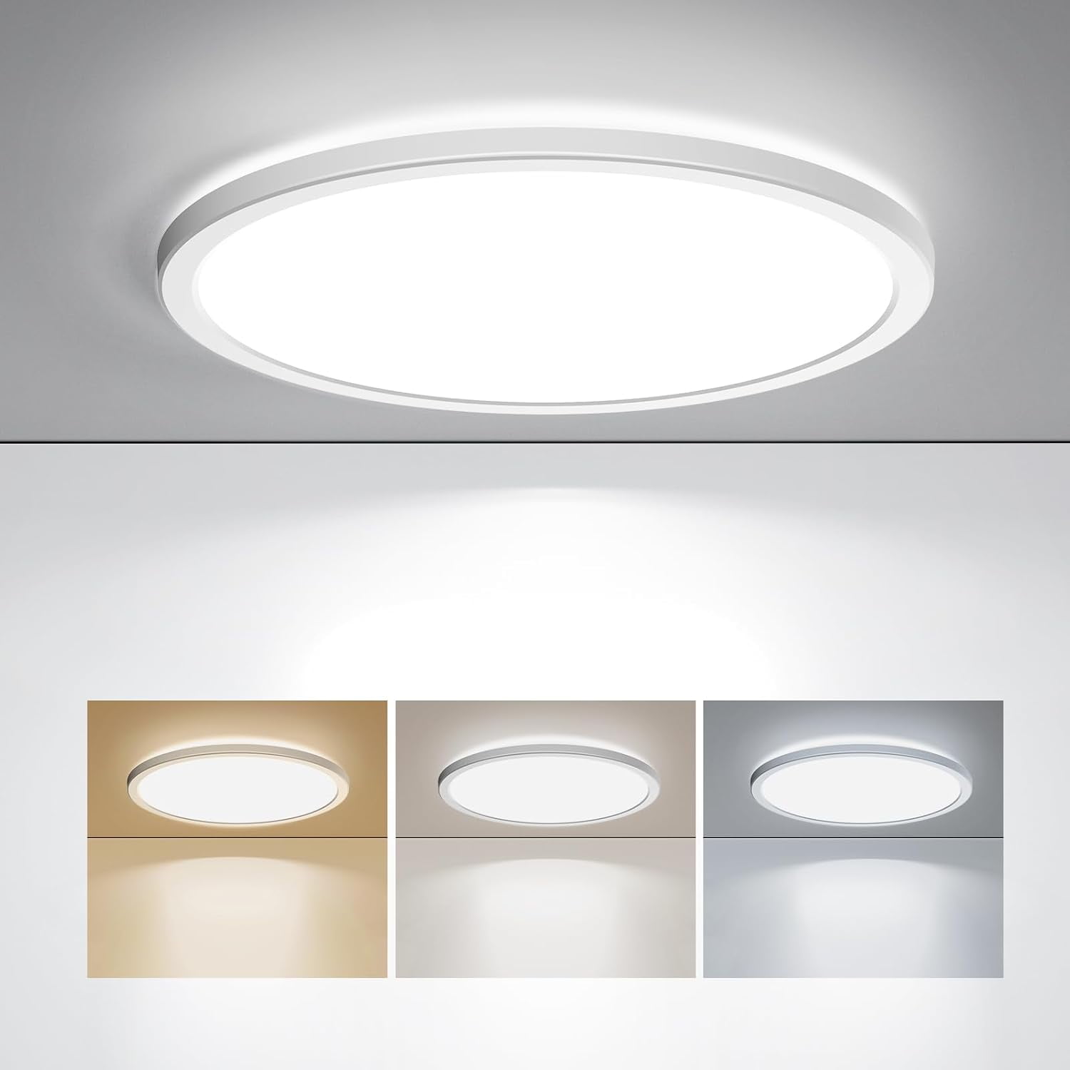 RGHJAR-LED Flush Mount Ceiling Light, 12 Inch 24W 3000K/4000K/5000K Hardwire Light Fixture, Ultra Thin Round White Lamp for Kitchen Porch Bedroom Hallway Stairwell Basement, Non-dimmable 1 Pack
