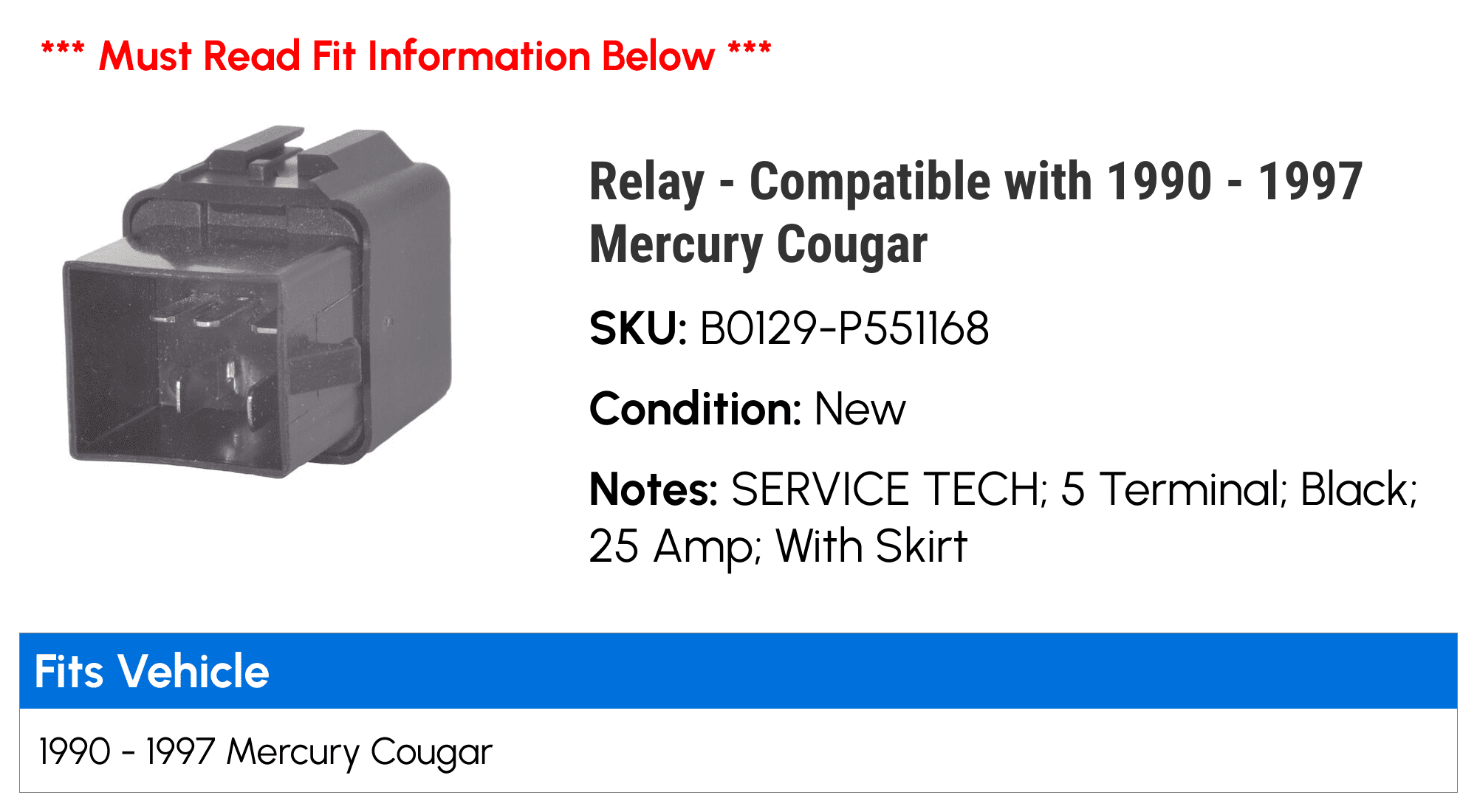 Relay - Compatible with 1990 - 1997 Mercury Cougar 1991 1992 1993 1994 1995 1996