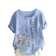 thumbnail image 1 of Pisexur Hauts en Coton et Lin Grande Taille pour Femmes, Décontractés, Été, Boho, Mode, Coupe Ample, Col Rond, Manches Courtes, T-Shirts Floraux pour Femmes P-5TG Bleu, 1 of 5