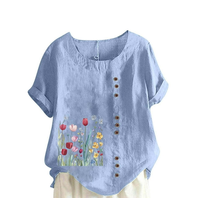 Pisexur Hauts en Coton et Lin Grande Taille pour Femmes, Décontractés, Été, Boho, Mode, Coupe Ample, Col Rond, Manches Courtes, T-Shirts Floraux pour Femmes P-5TG Bleu