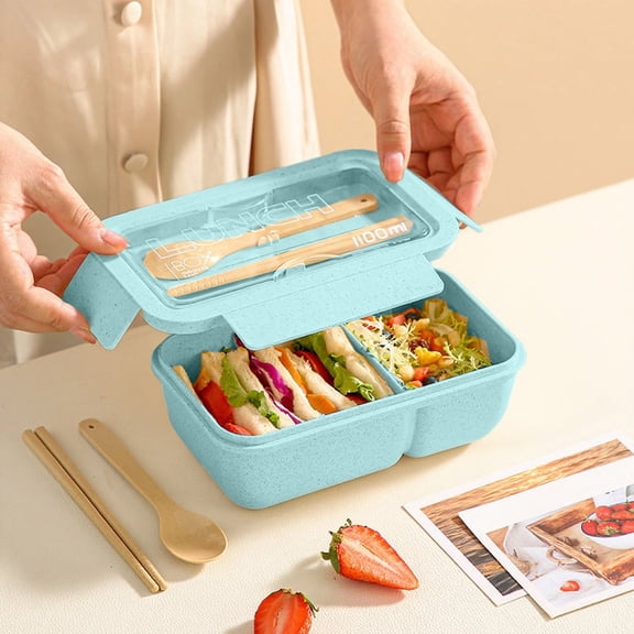 Wheat Straw Bento Lunch Box | Microwave Safe Stackable Food Container | Leakproof 3 Compartments | Reusable Meal Prep Kit With Utensils | 20.5x12.5x7.5cm | White, Pink, Green | 1 Pack