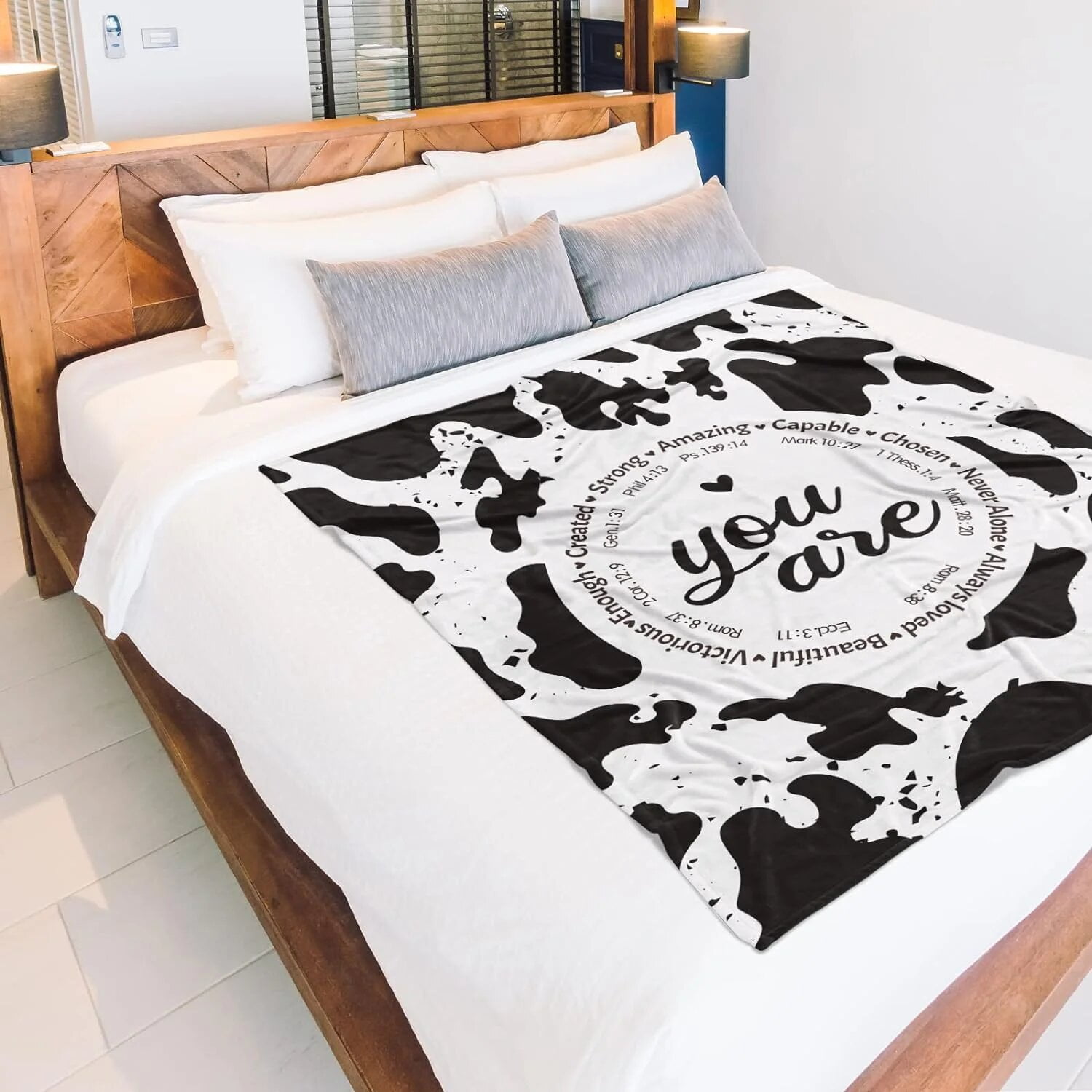 NICKSUN Bible Verse and Cow Print Blanket, Cow Gifts for Women, Inspirational Christian Gifts for Women Girls, Mothers Day Birthday Wedding Christmas Gifts, Soft Flannel Blanket 50'' x 60''