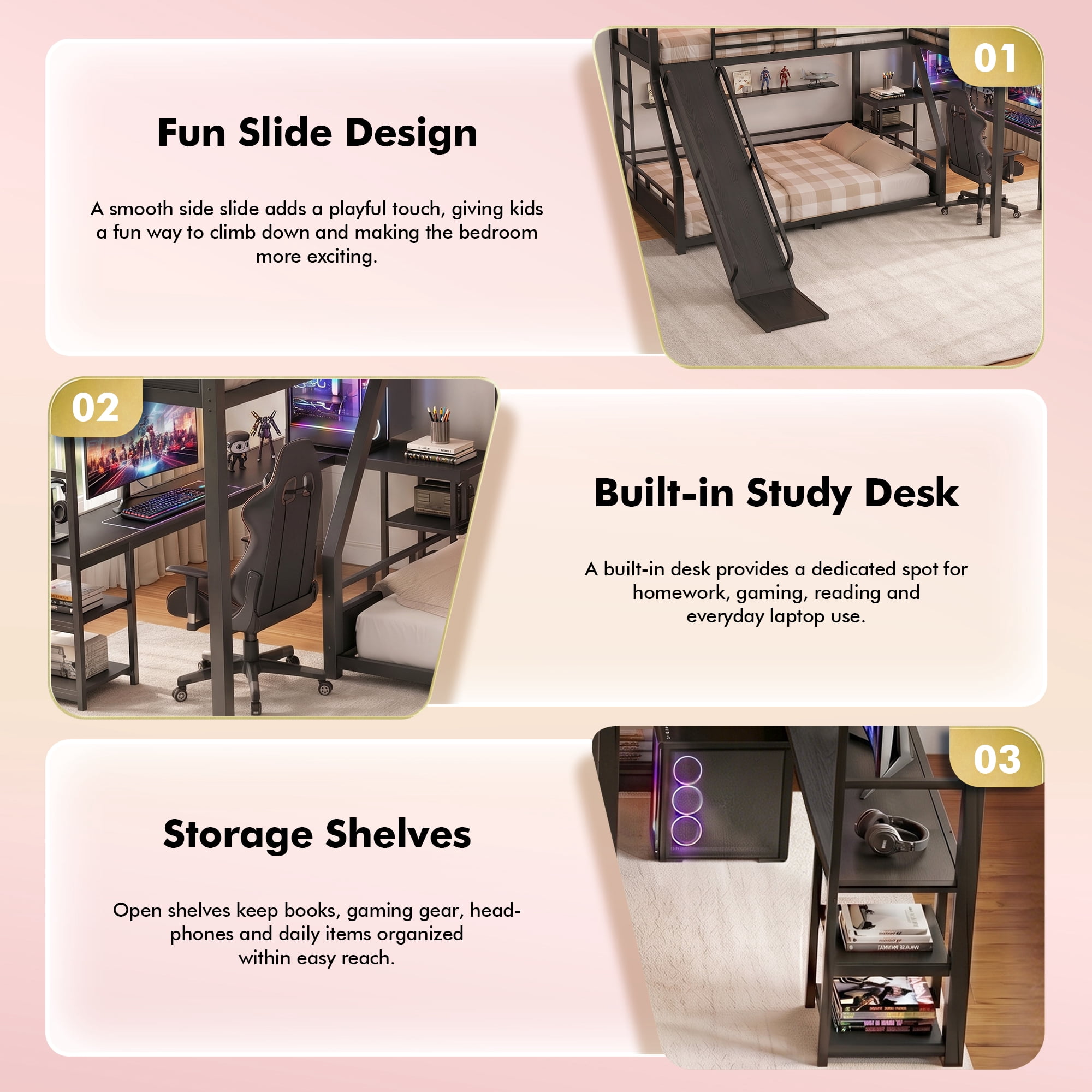 Aukfa L-Shaped Metal Triple Bunk Bed with Desk, Shelves, USB Ports and Slide, Twin XL over Queen Bunk Bed for Three Kids, Black