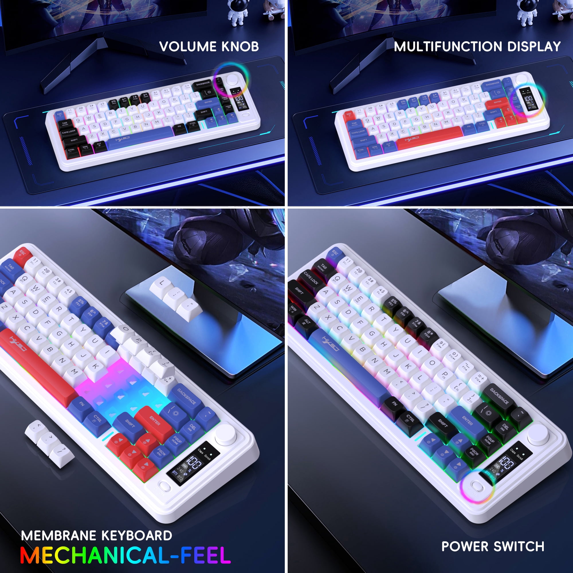 2.4G+Dual Bluetooth Keyboard 68 Keys with Multifunctional Display,Long Battery Life.Wireless Gaming Keyboard for PC/Tablet/Phone