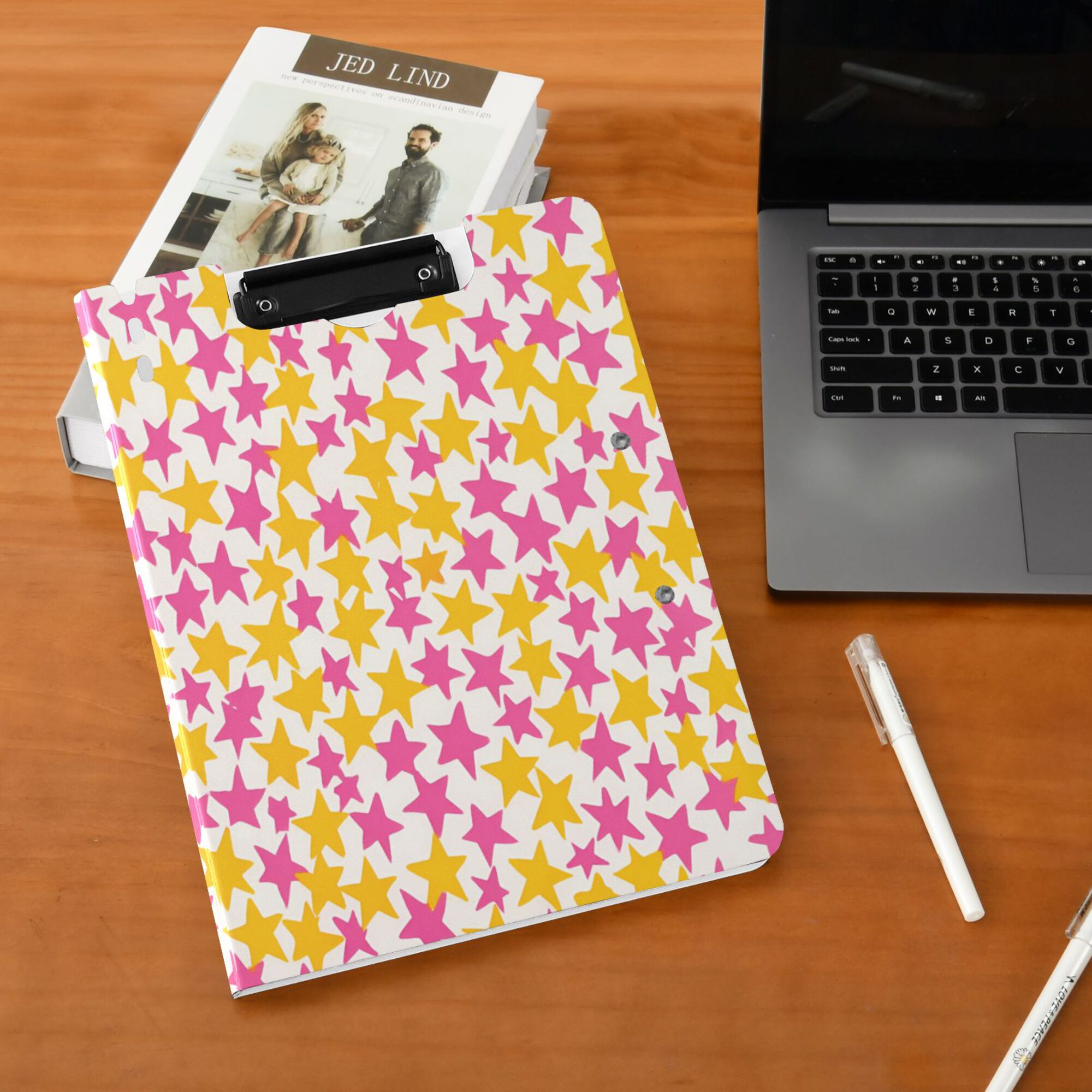 FORMRS A4 Clipboard Folder with Pen Holder Horizontal Foldable School Office Binder, Yellow Stars Pattern