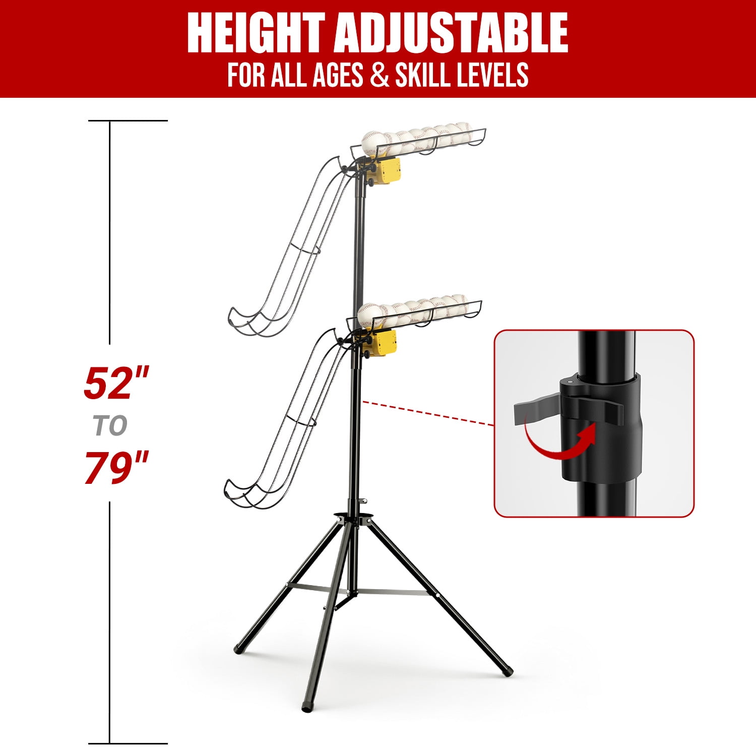 Electric Soft Toss Machine: Height adjustable from 52 to 79 inches with 8-ball auto feed and 3-speed timer (6/8/10 sec). Portable and ideal for baseball and softball swing training.