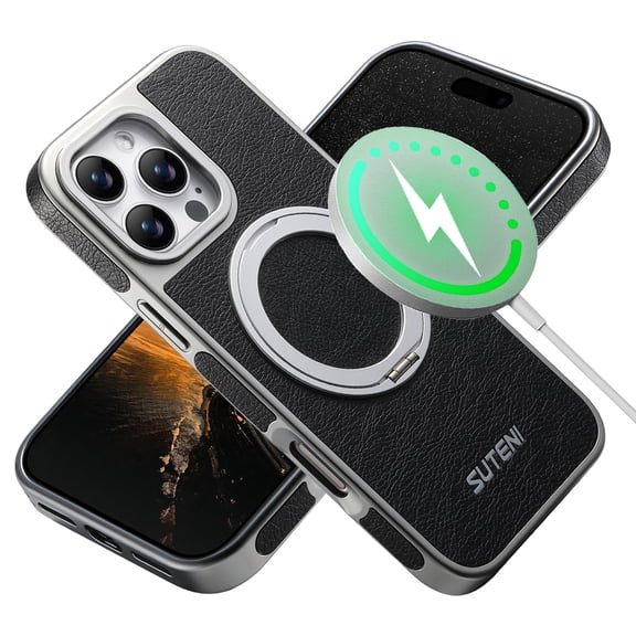 for iPhone 14 Pro Magnetic Case with 360° Rotatable Ring Kickstand, Compatible with MagSafe, Wireless Charging Anti-Scratch Shock Absorbent PU Leather PC Drop Protection Phone Case, Black
