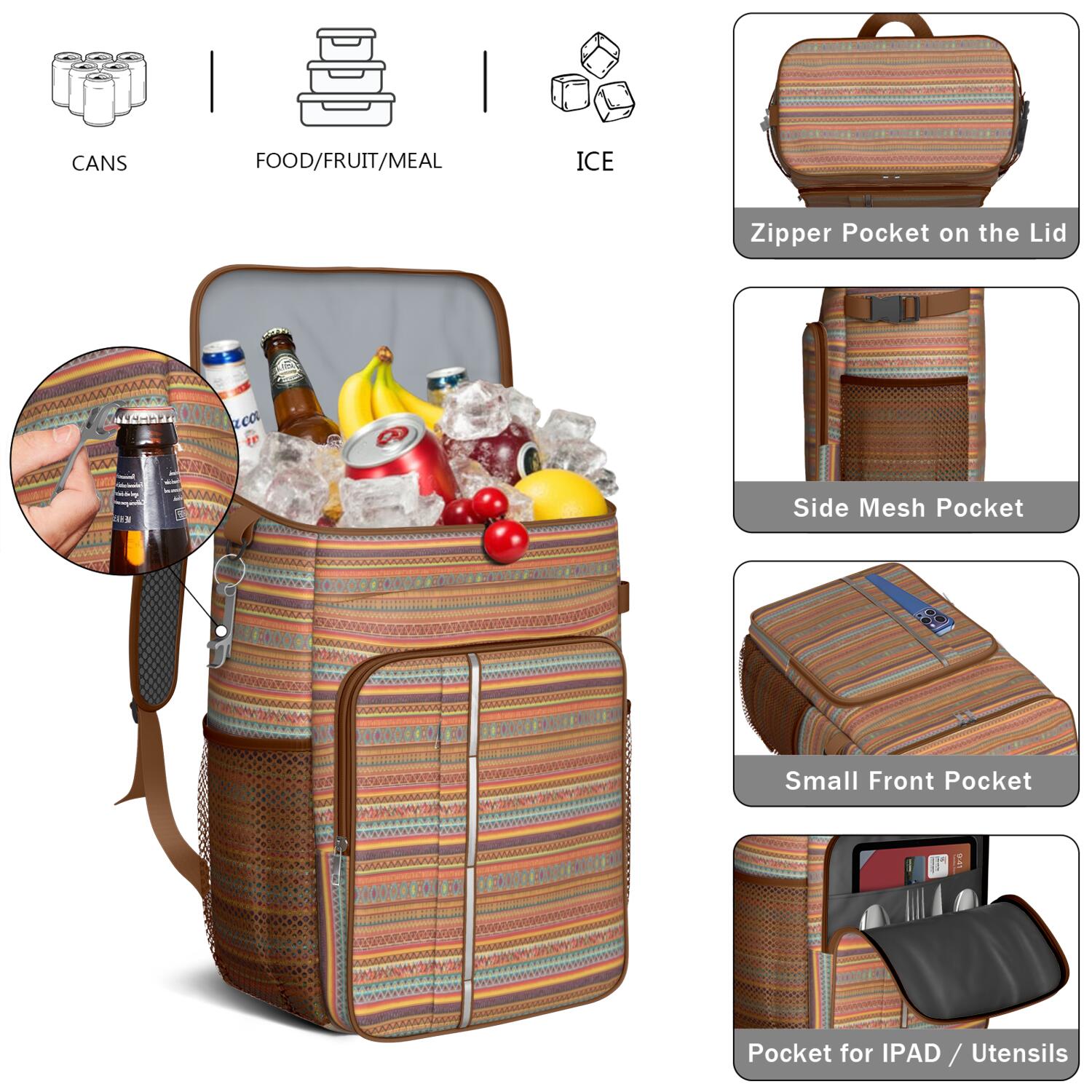 Travel Cooler Bag - Boho Bohemia Pioneer Flower Geometric Line Art Camping Beer Cooler Backpack with Bottle Opener- Waterproof Insulated Picnic Backpacks - Cooler Bag for Beach