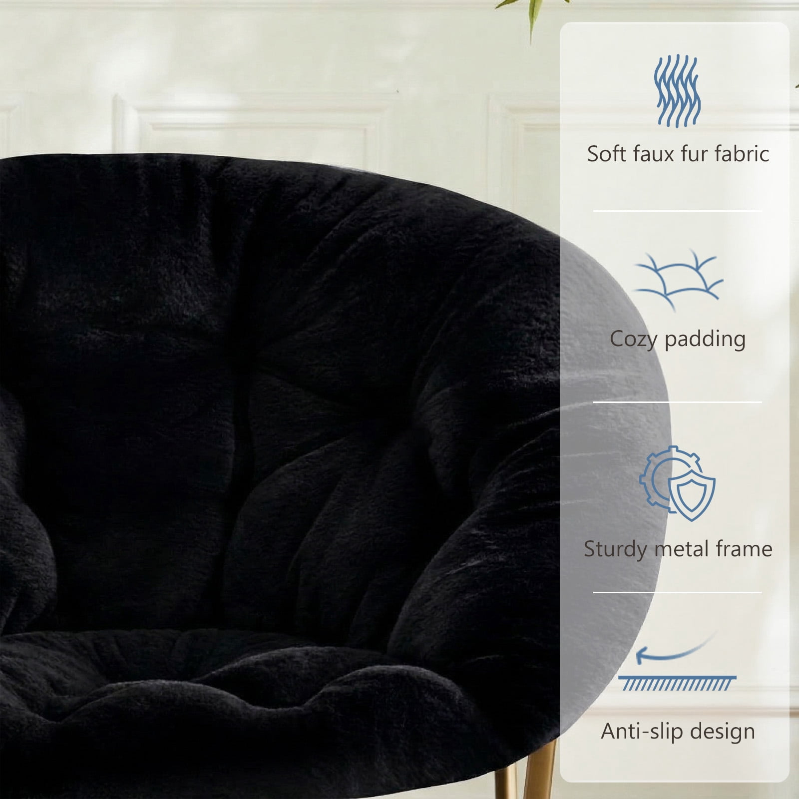 Comfortable Faux Fur Disc Chair, Adult Size Black, for Bedroom Living Room Furniture