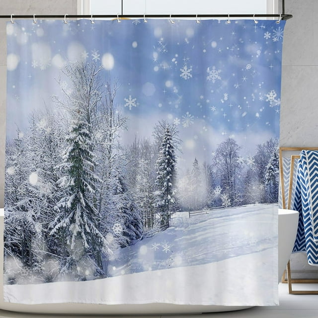 Winter Shower Curtain Set Christmas Wonderland Forest Bokeh Snow Scene Pine Tree Bathroom