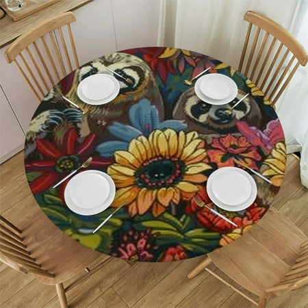 Funny Sloths Print Round Fitted Stretch Tablecloth Elastic Fitted Table Covers for Dining Picnic Patio