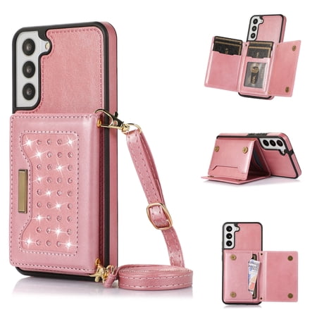 Dteck for Samsung S23 Magnetic Wallet Case with RFID Blocking Credit Card Holder Leather Crossbody Strap Purse for Women Kickstand Bling Protective Cover for Galaxy S23 Pink