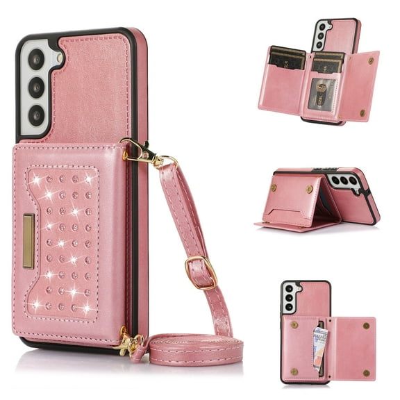 Galaxy S23 Plus Wallet Case with Detachable Shoulder Strap, Luxury PU Leather Folio Flip Stand Protective RFID Blocking Credit Card Holder Cover for Samsung Galaxy S23 Plus 5G, Pink