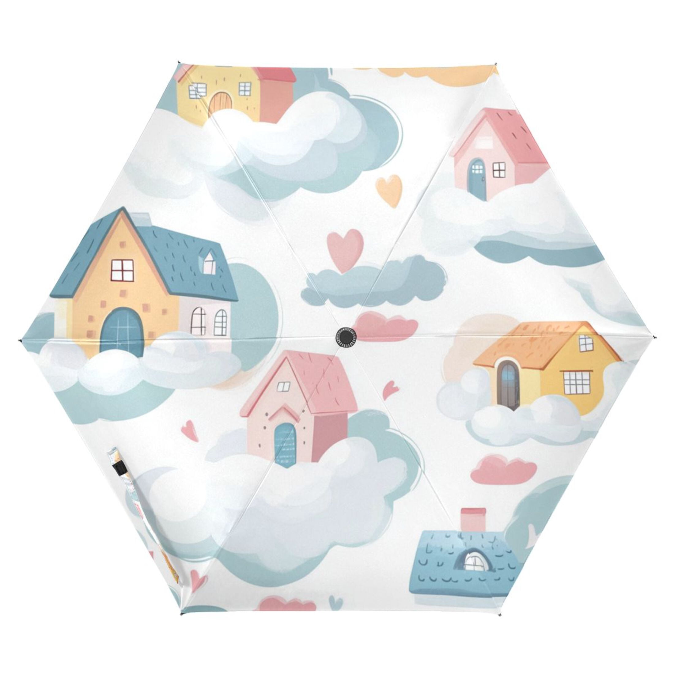 Cute Houses in The Clouds Hearts All Weather Umbrella Triple Folding Parasol 6 Ribs UV Protection Portable