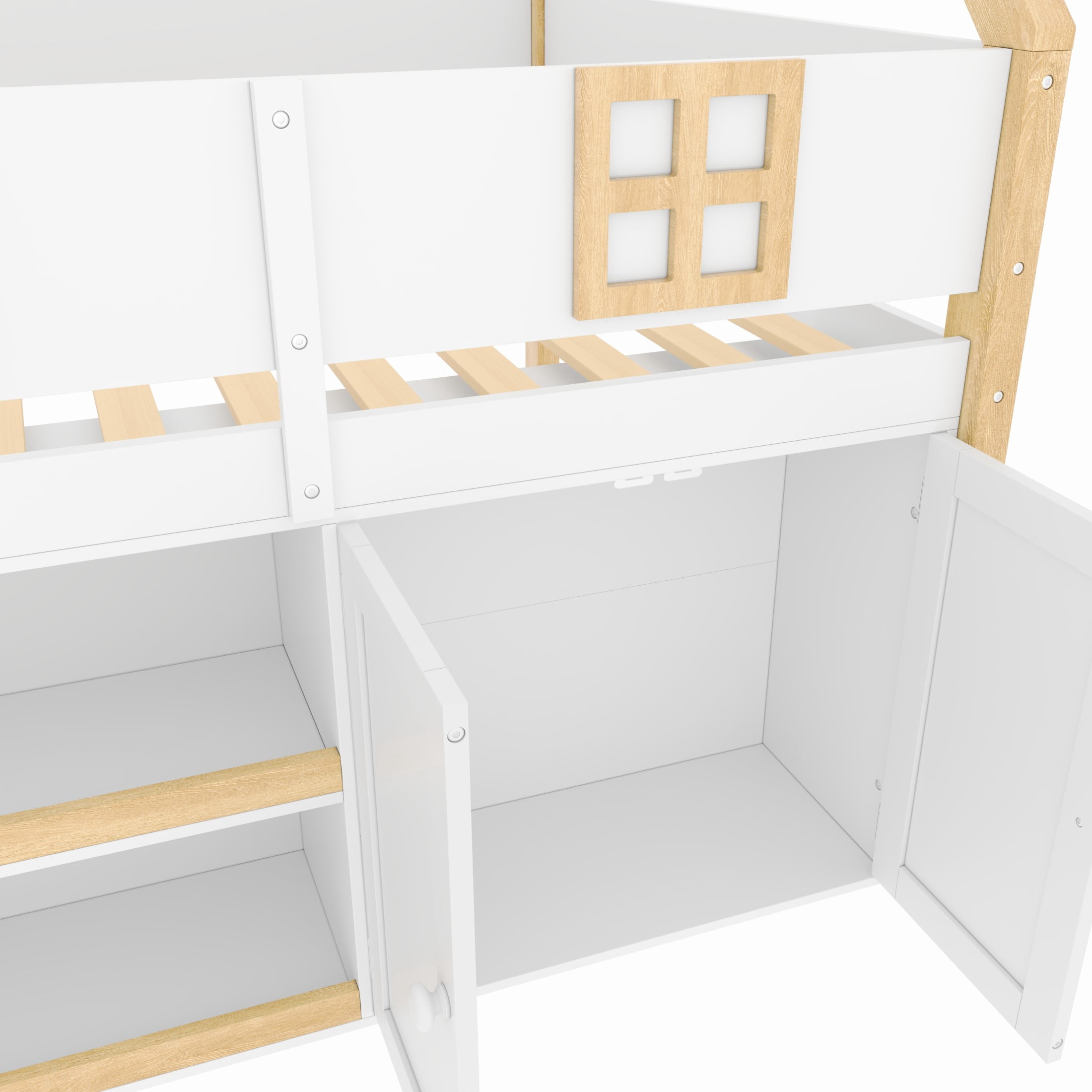 Noble House Harley Full Size Low Loft Bed with Storage Staircase and Cabinets, Wood House Bed, LED Lights, White