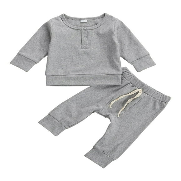 Newborn Infant Baby Boy Girl Fall Winter Outfits Solid Tops and Pants Kids Sweatsuit 2Pcs Clothes Brown 0-3 Months