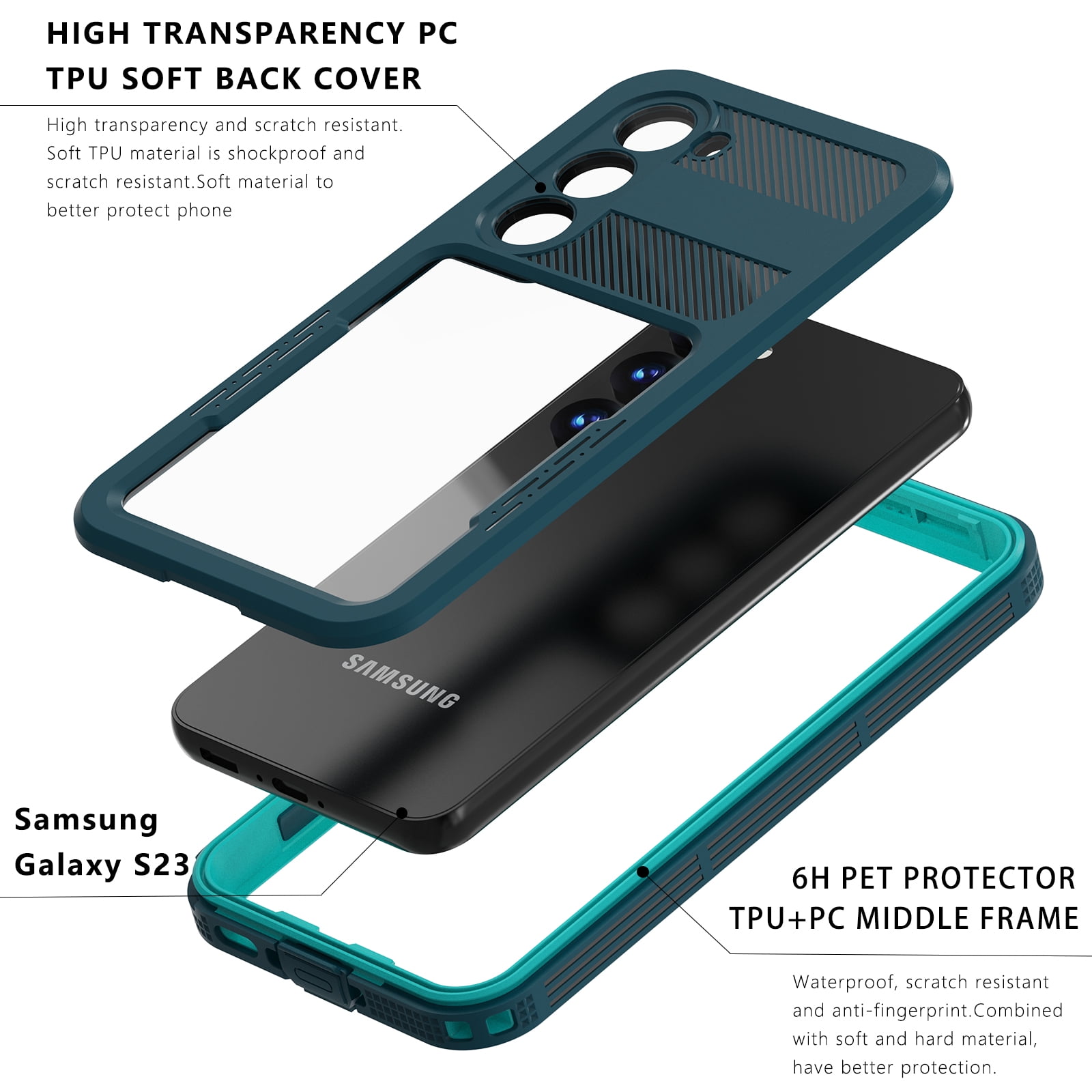 SaniMore for Samsung Galaxy S23 6.1" 2023 Case with Built-in Screen Protector, IP68 Waterproof & Dustproof & Anti-scratch [Wireless Charging] Heavy Duty Full Protective Cover for Galaxy S23, Grassblue