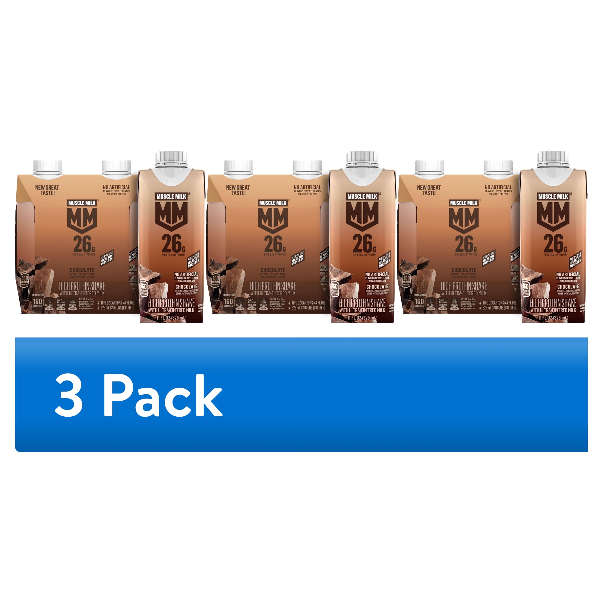 (3 pack) Muscle Milk 26g High Protein Shake, Chocolate, Ultra- Filtered Milk 11 fl oz, 4 pack