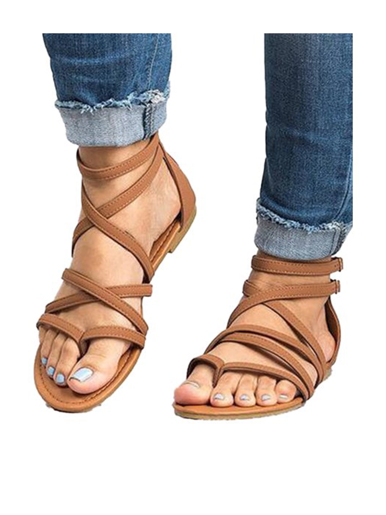 Womens Ladies Gladiator Sandals Strappy Flat Summer Holiday Beach Shoes Size 4-8