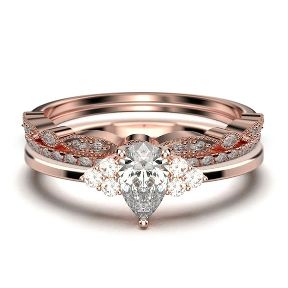 Dazzling Minimalist 2.25 Carat Pear Cut Affordable Ring, Diamond Moissanite Engagement Ring, Unique Wedding Ring, Two Matching Band in 10k Solid Rose Gold, Gift For Her, Trio Set
