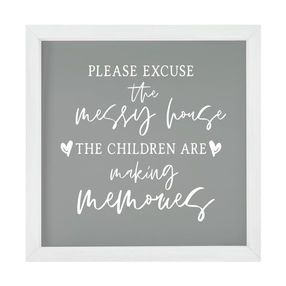 LifeSong Milestones 7x7 Modern Inspirational Framed Shadow Box for Wall Decoration - Please Excuse The Messy House (Ivory)
