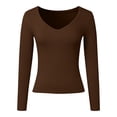 thumbnail image 3 of Teen Girls Long Sleeve T-shirt Summer Ribbed T Shirt V-Neck Fitted Casual Basic Tee Kids Junior Cotton Tee Tops Spring Summer Fall Casual Streetwear,Brown,XL, 3 of 8