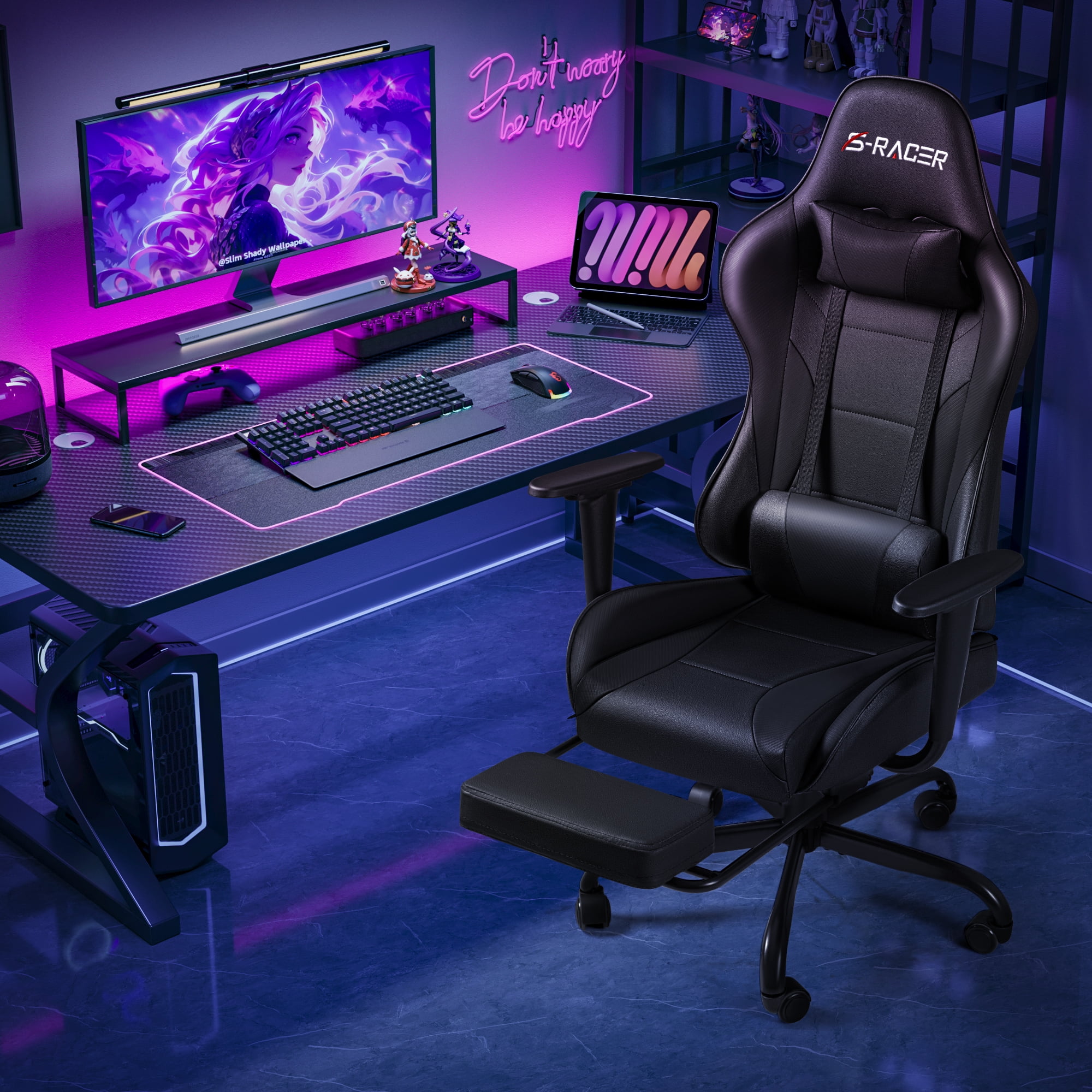 Homall Massage Gaming Chair Office Chair High Back PU Leather Chair with Footrest, Black