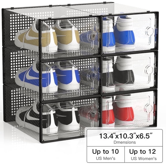JakMean 6 Pack Shoe Boxes, X-Large Clear Plastic Stackable Shoe Storage Organizers, Sneaker Storage Containers for Entryway,Closet,Fit Size 9-12
