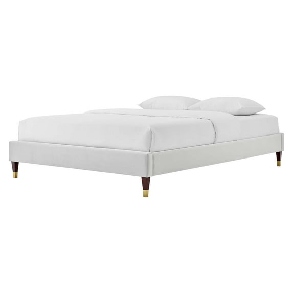 Platform Bed Frame, Full Size, Velvet, Light Grey Gray, Modern Contemporary Urban Design, Bedroom Master Guest Suite