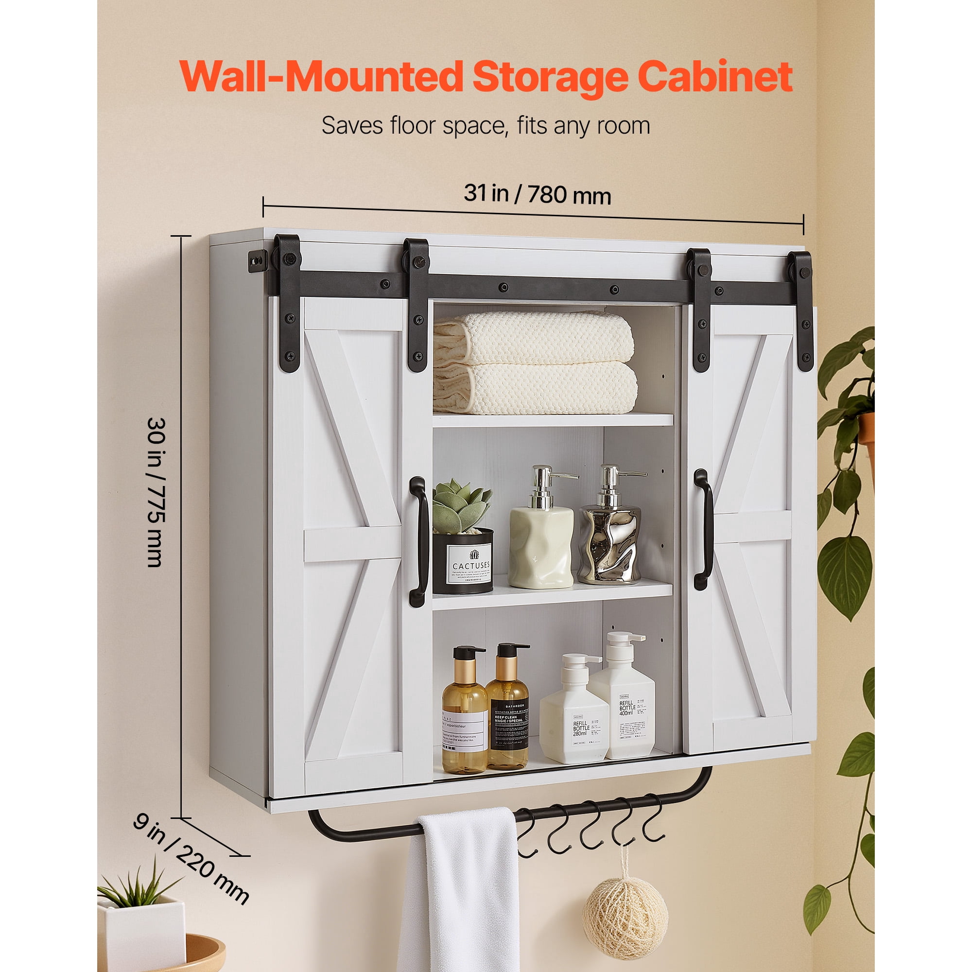 KFFKFF Bathroom Wall Cabinet with Adjustable Shelf, 2 Doors, and Open Storage Space, Wall-Mounted Organizer with Towel Bar and Hooks for Bathroom, Laundry Room, or Kitchen, White