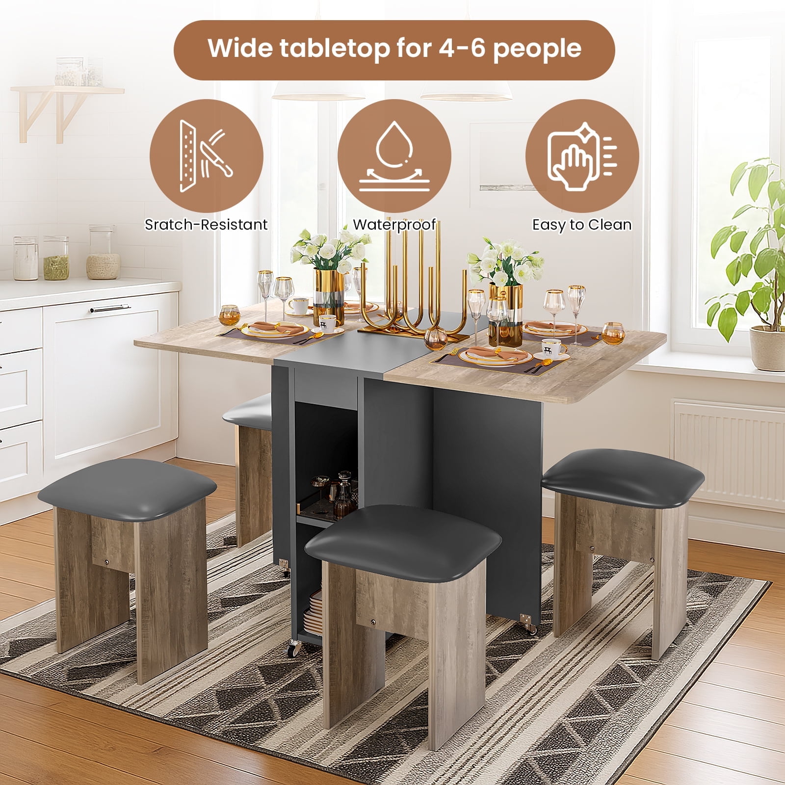Baxluxe Folding Kitchen Table with Chairs,Dining Table Set for 4,Drop Leaf Table with 6 Wheels,Expandable Dining Table,Multifunction Expandable Table for Living Room, Folding Kitchen Table