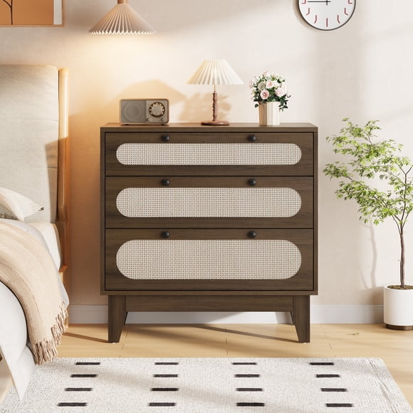 BeesClover Nightstand, Tall Bedside Table with 3 Rattan Drawers, Boho Night Stand with Handles and Wood Legs, Large End Table Dresser for Storage Bedroom Sofa Couch