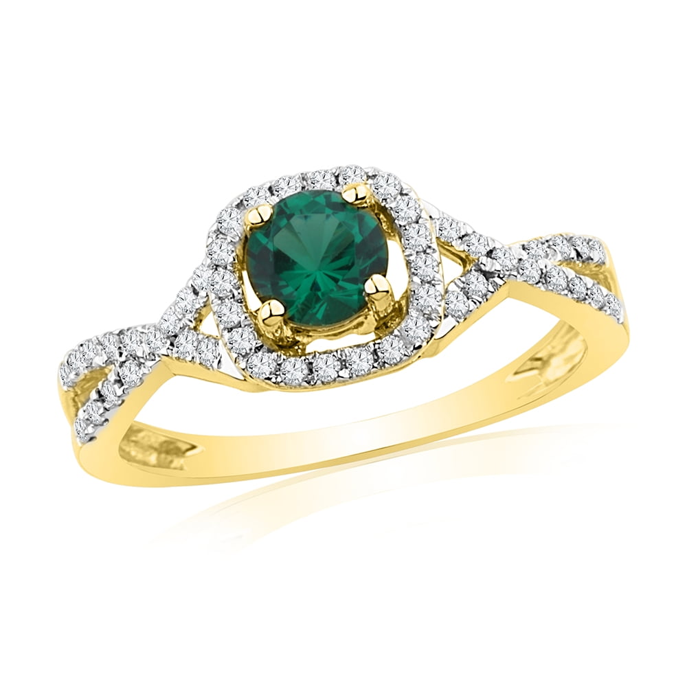 10kt Yellow Gold Womens Round LabCreated Emerald Solitaire Diamond Ring 3/4 Cttw
